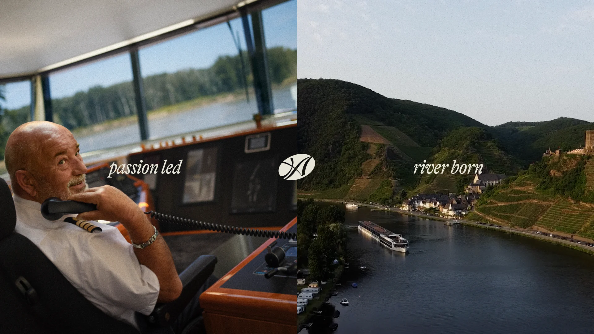 AmaWaterways campaign: a ship's captain on the bridge, passion led, beside a river valley, river born