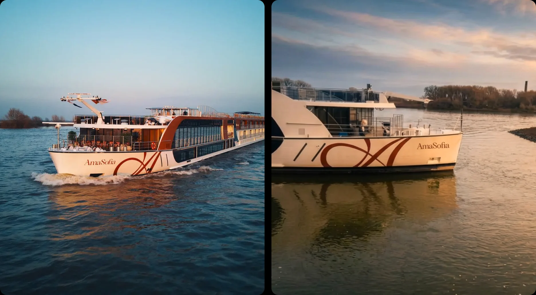 An AmaWaterways river cruise ship in the new livery, sailing at dusk