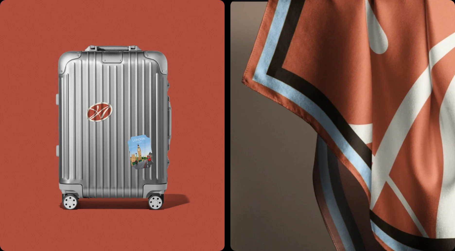 The AmaWaterways monogram on a suitcase badge and a terracotta silk scarf