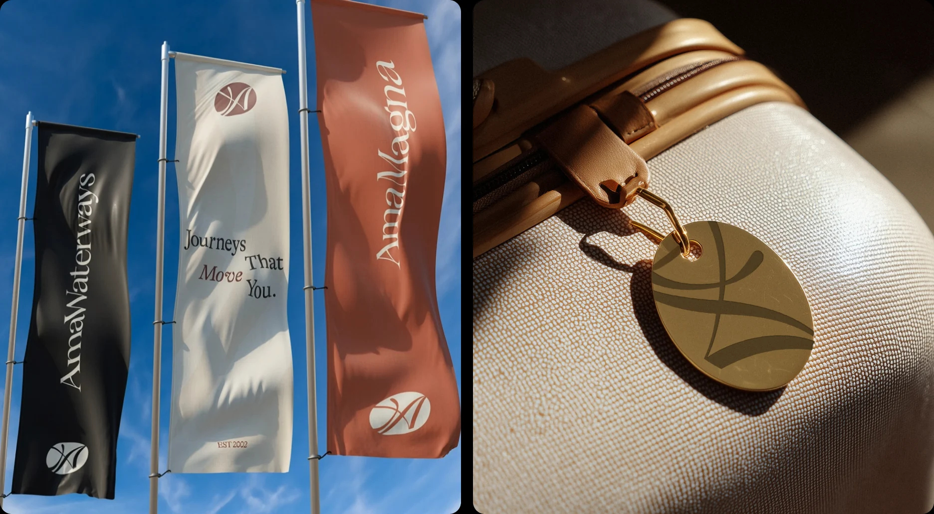 AmaWaterways flags with the line Journeys that move you, and a gold monogram luggage charm
