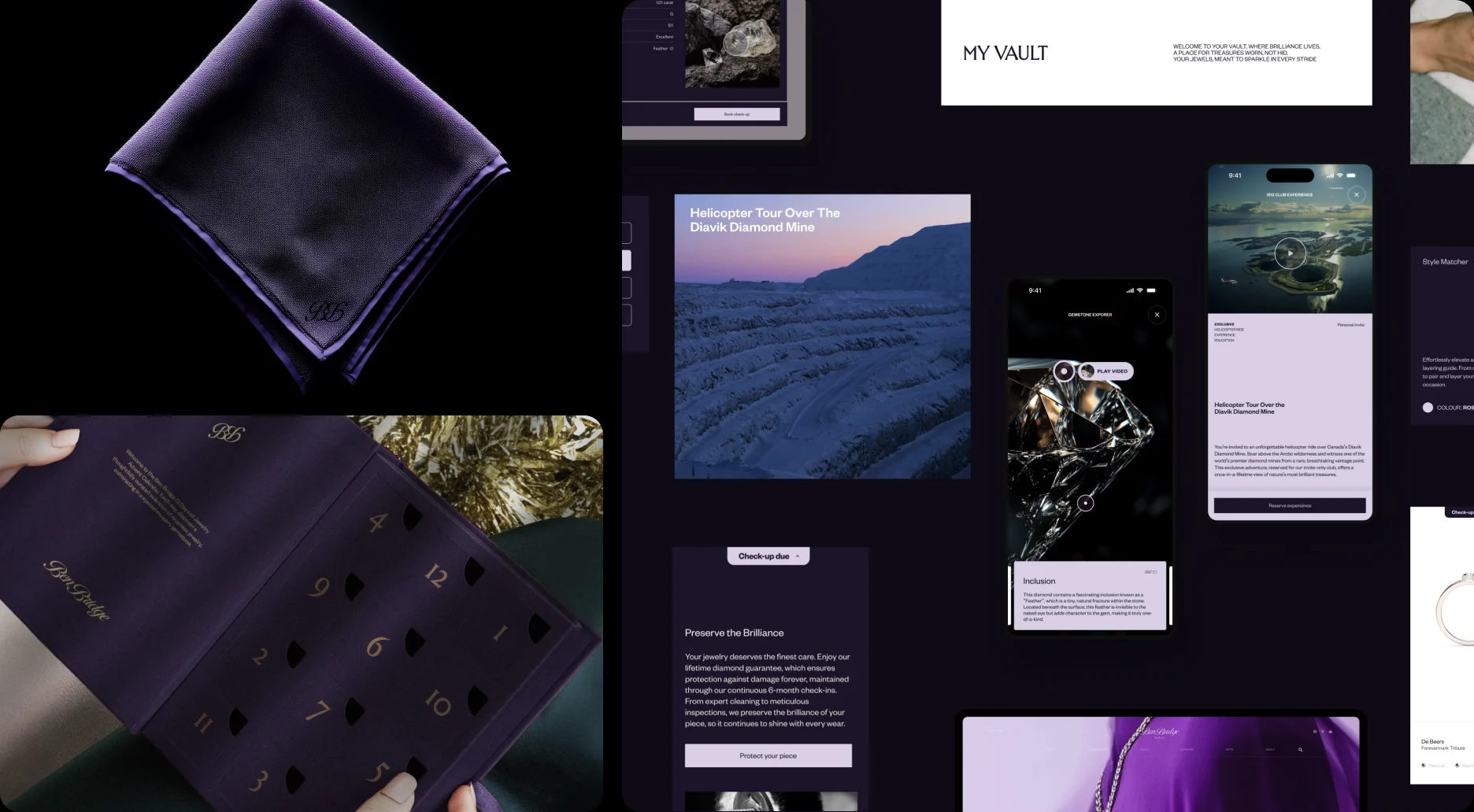 Ben Bridge packaging, a silk pouch, ring box and app screens for the jewellery vault