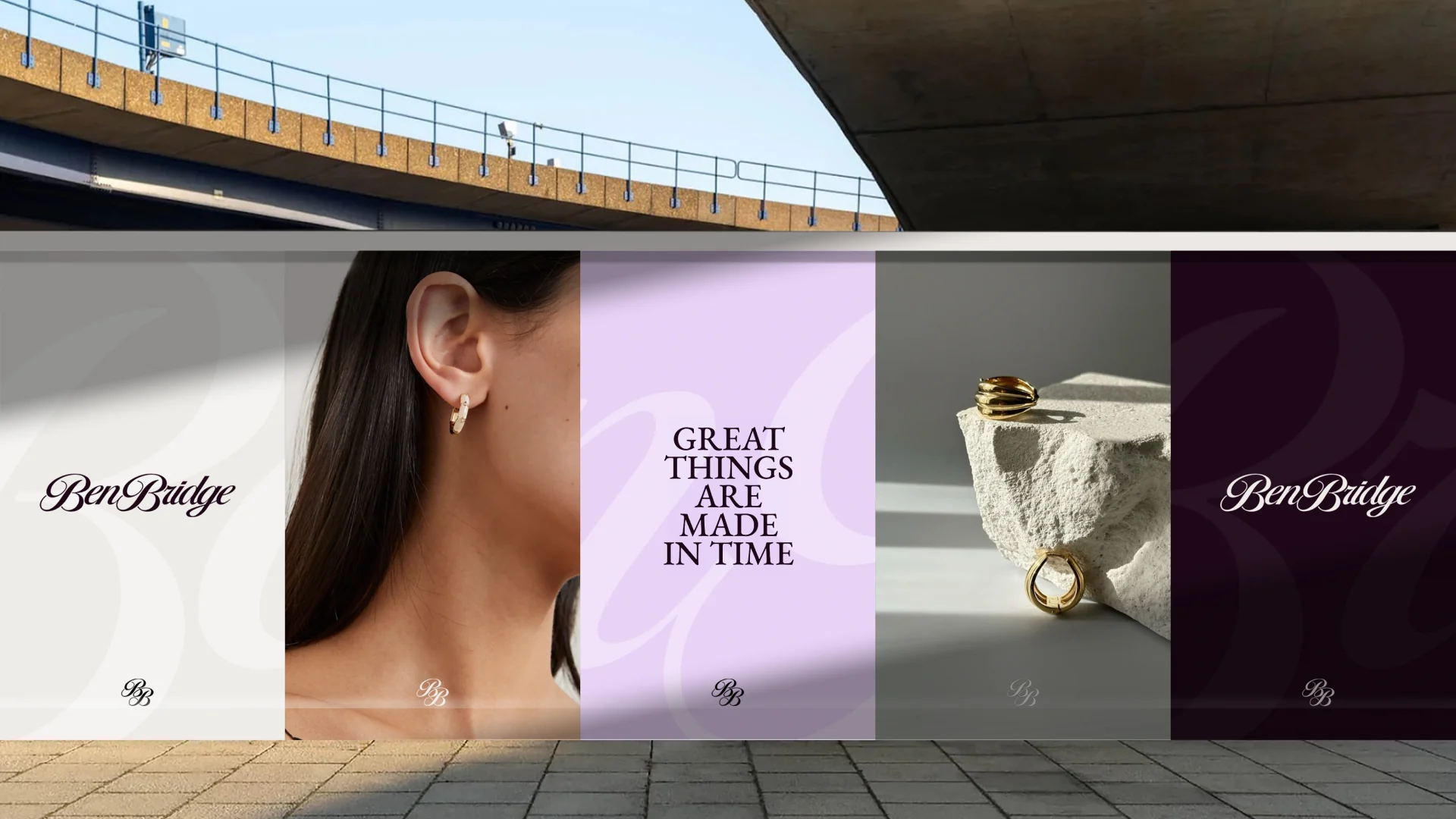 Ben Bridge campaign posters on a street hoarding: wordmark, earrings, Great things are made in time, and rings
