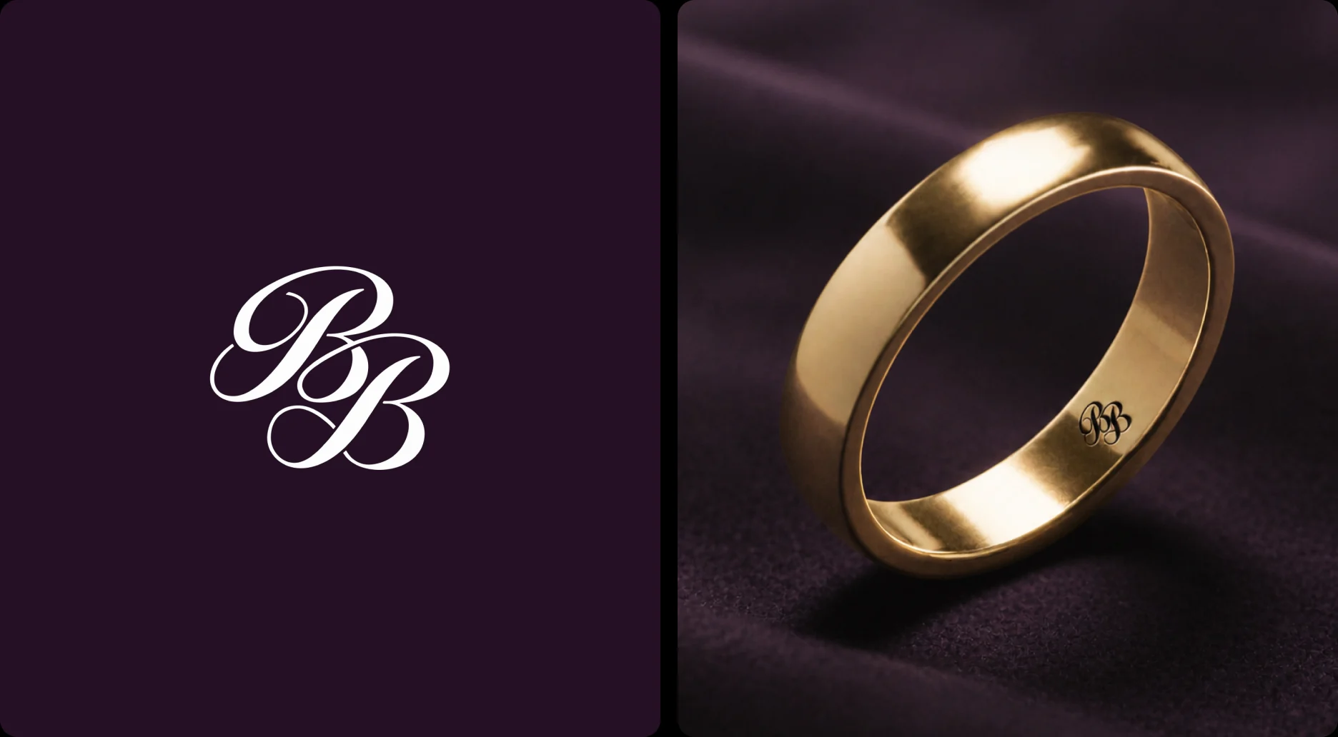 The BB monogram in white, and engraved inside a gold wedding band