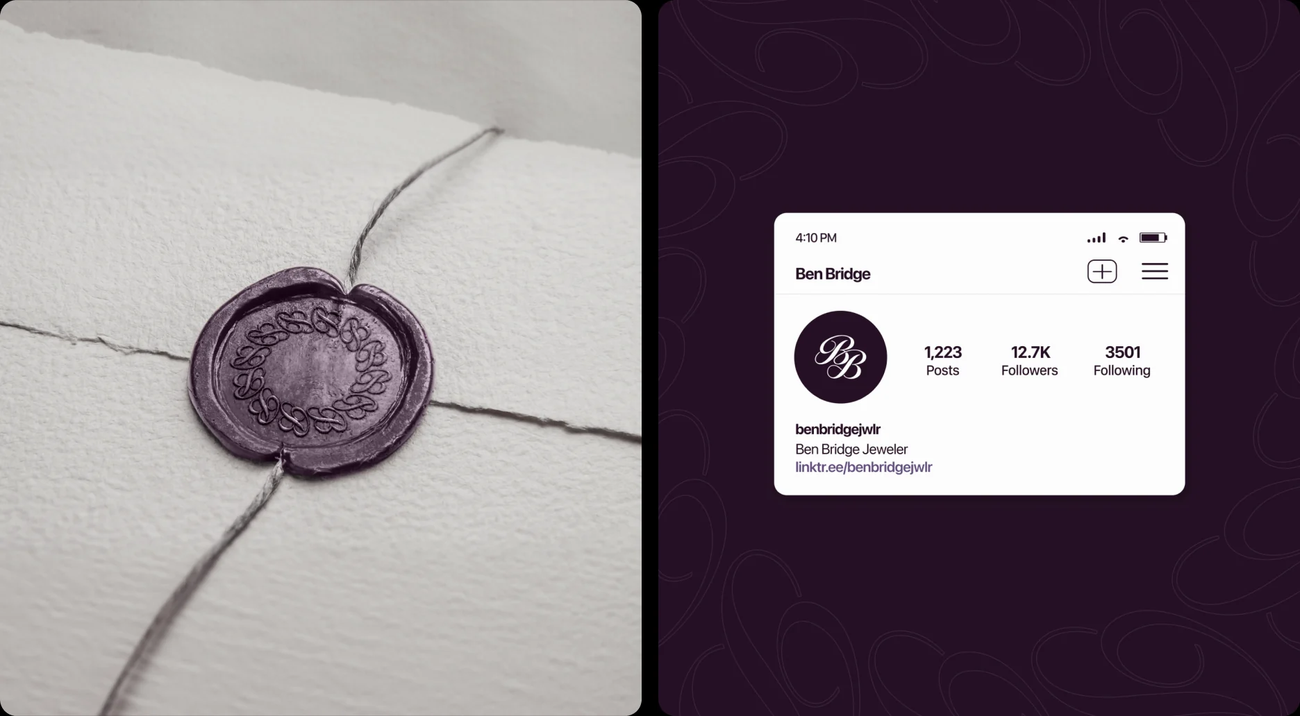 A BB monogram wax seal, and the Ben Bridge Instagram profile