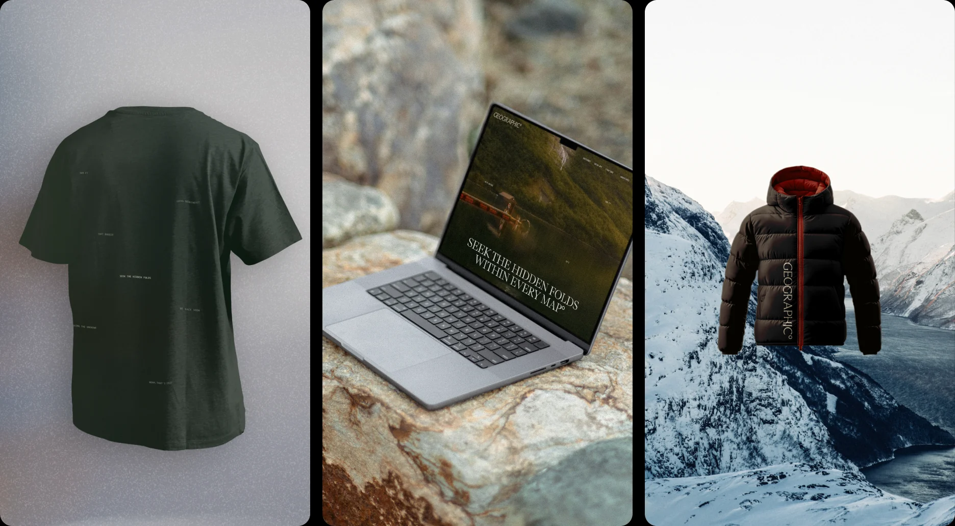 Geographic merchandise: a T-shirt, the website on a laptop and a branded down jacket in the mountains