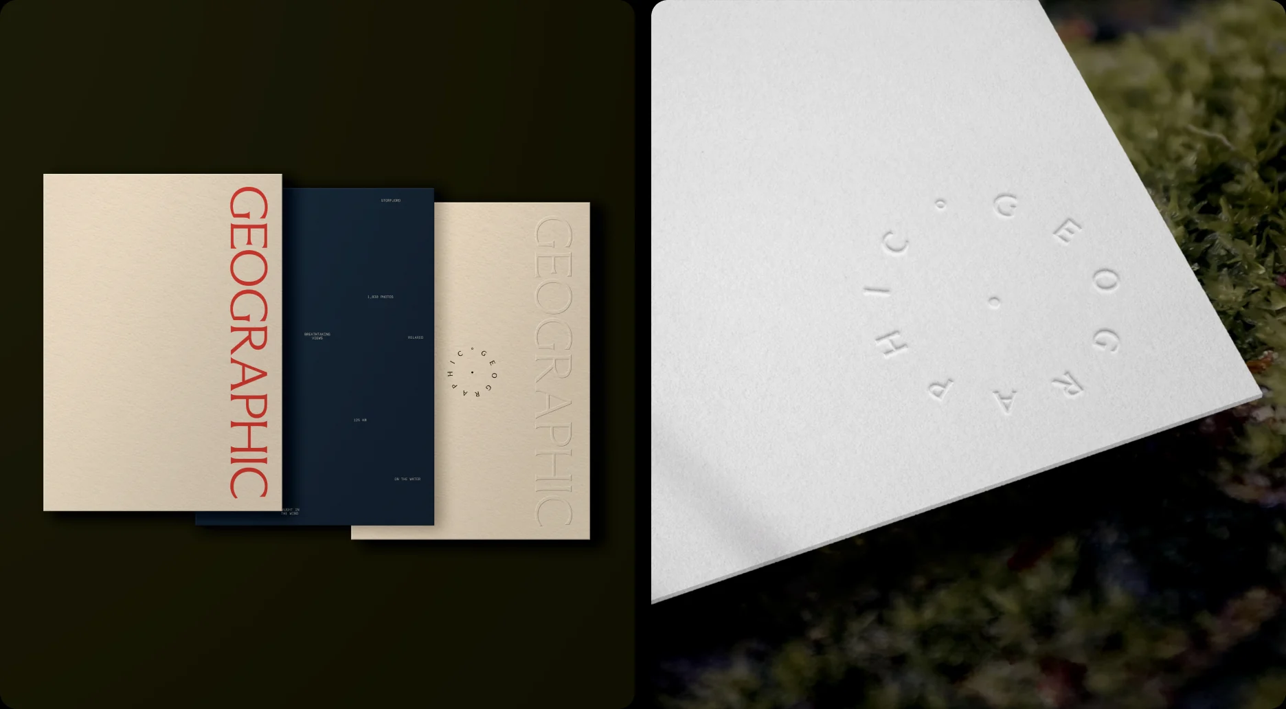 Geographic printed publications, and the circular logo blind-embossed on paper