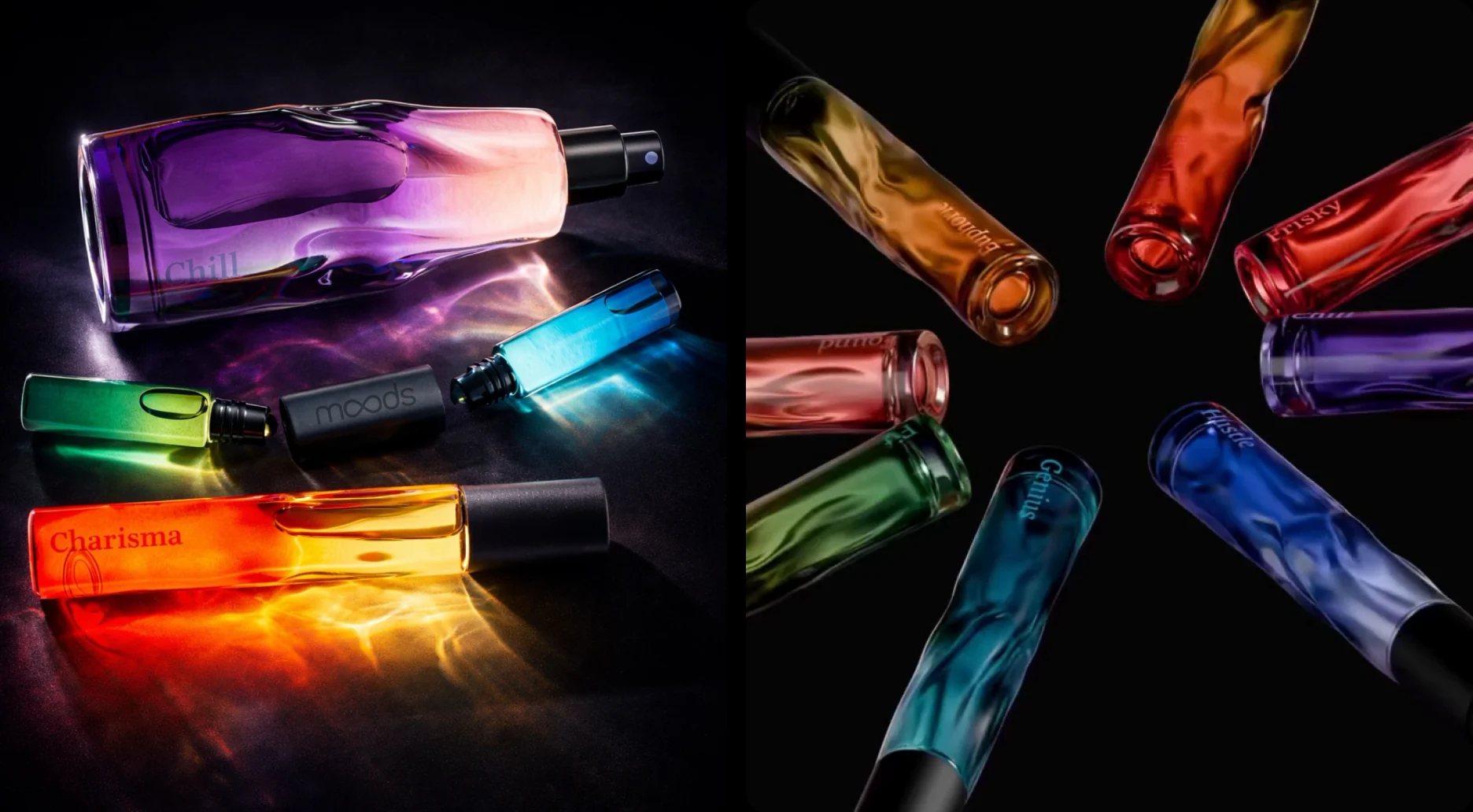 Moods fragrance bottles in rippled coloured glass, lit dramatically on black