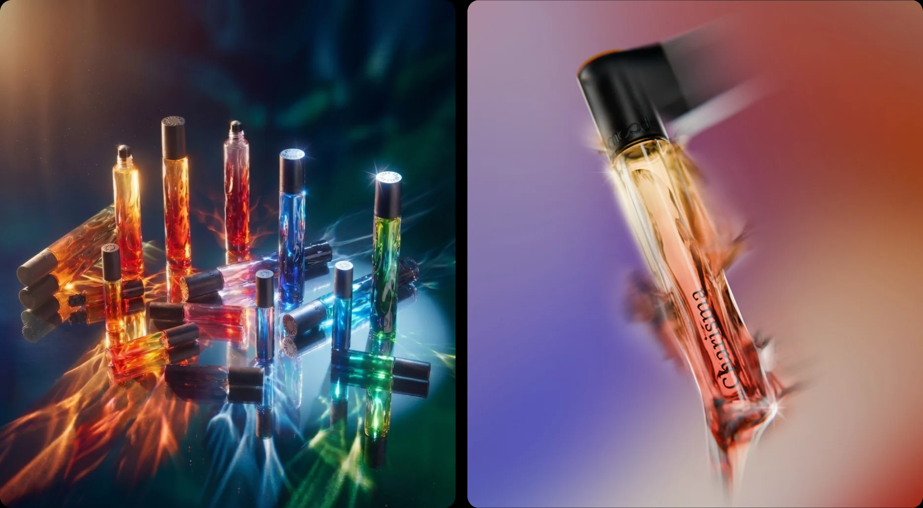 A cluster of glowing Moods roller bottles, and a single Charisma bottle in motion