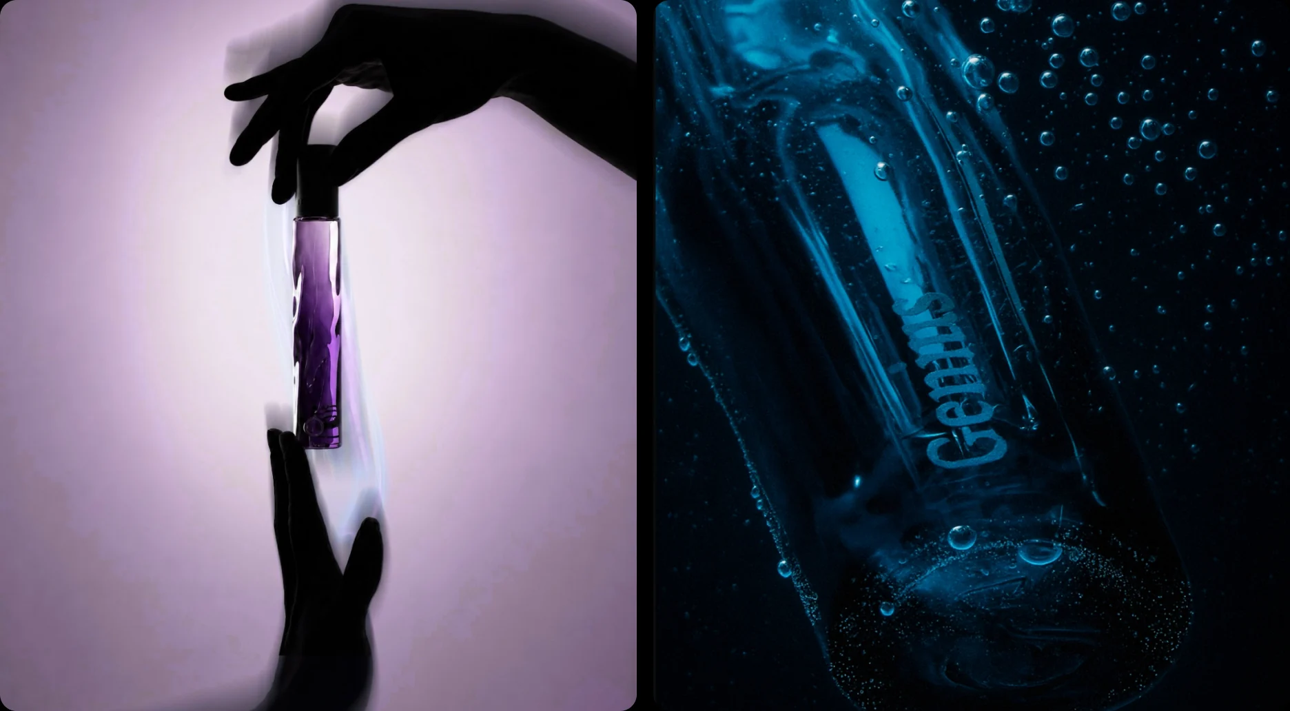 Hands holding a purple Moods bottle, and a blue Genius bottle underwater