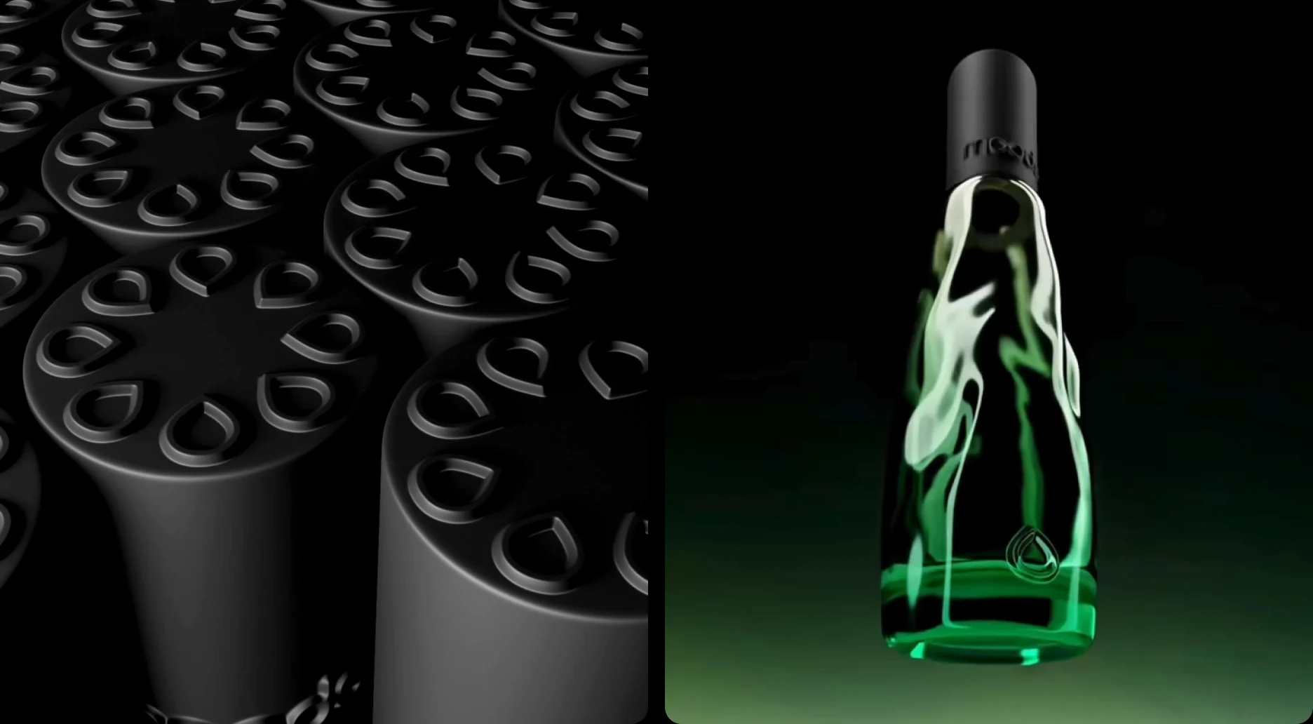 Moods caps embossed with the drop icon, and a green bottle in swirling glass