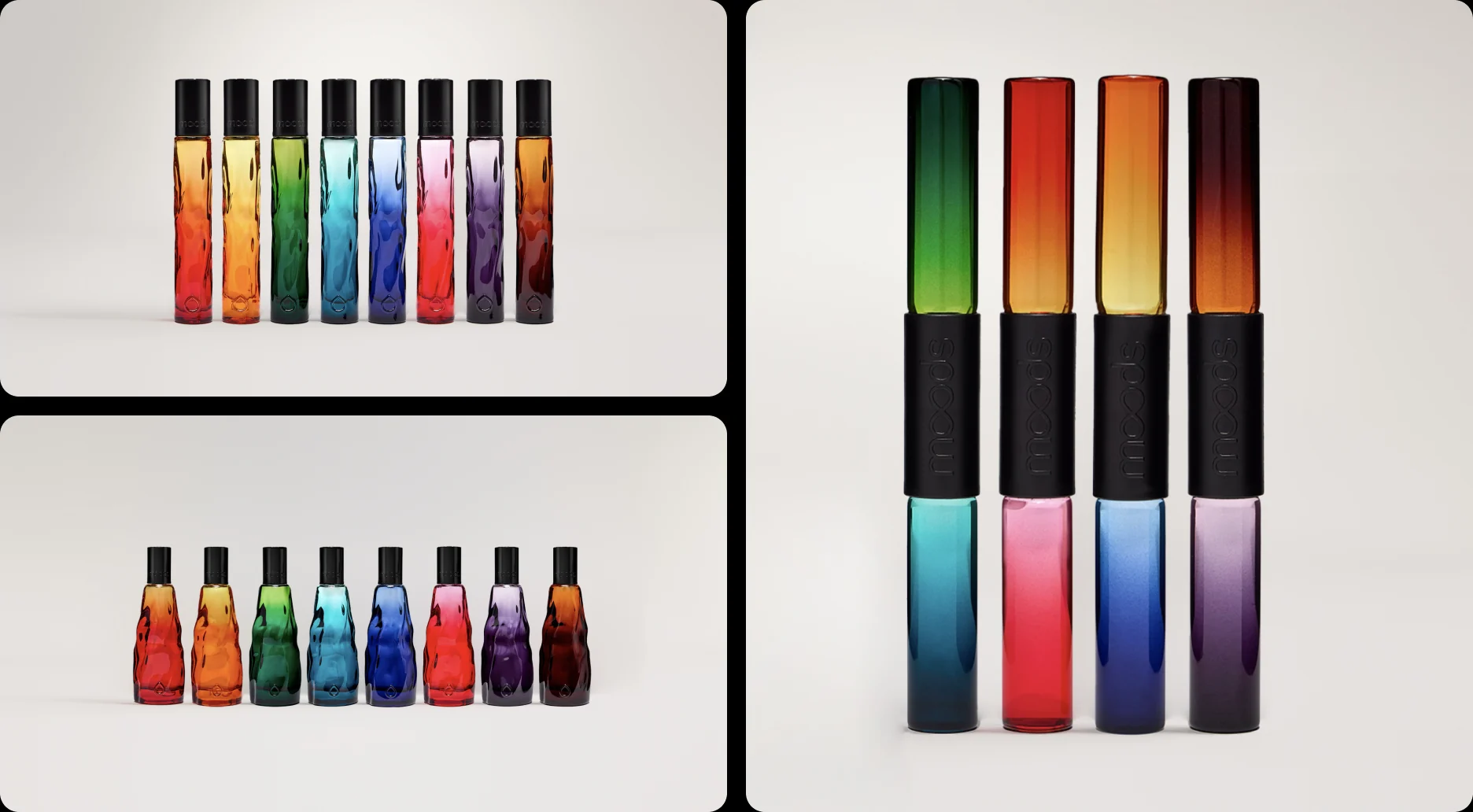 The full Moods range of eight colours in two bottle shapes, on white