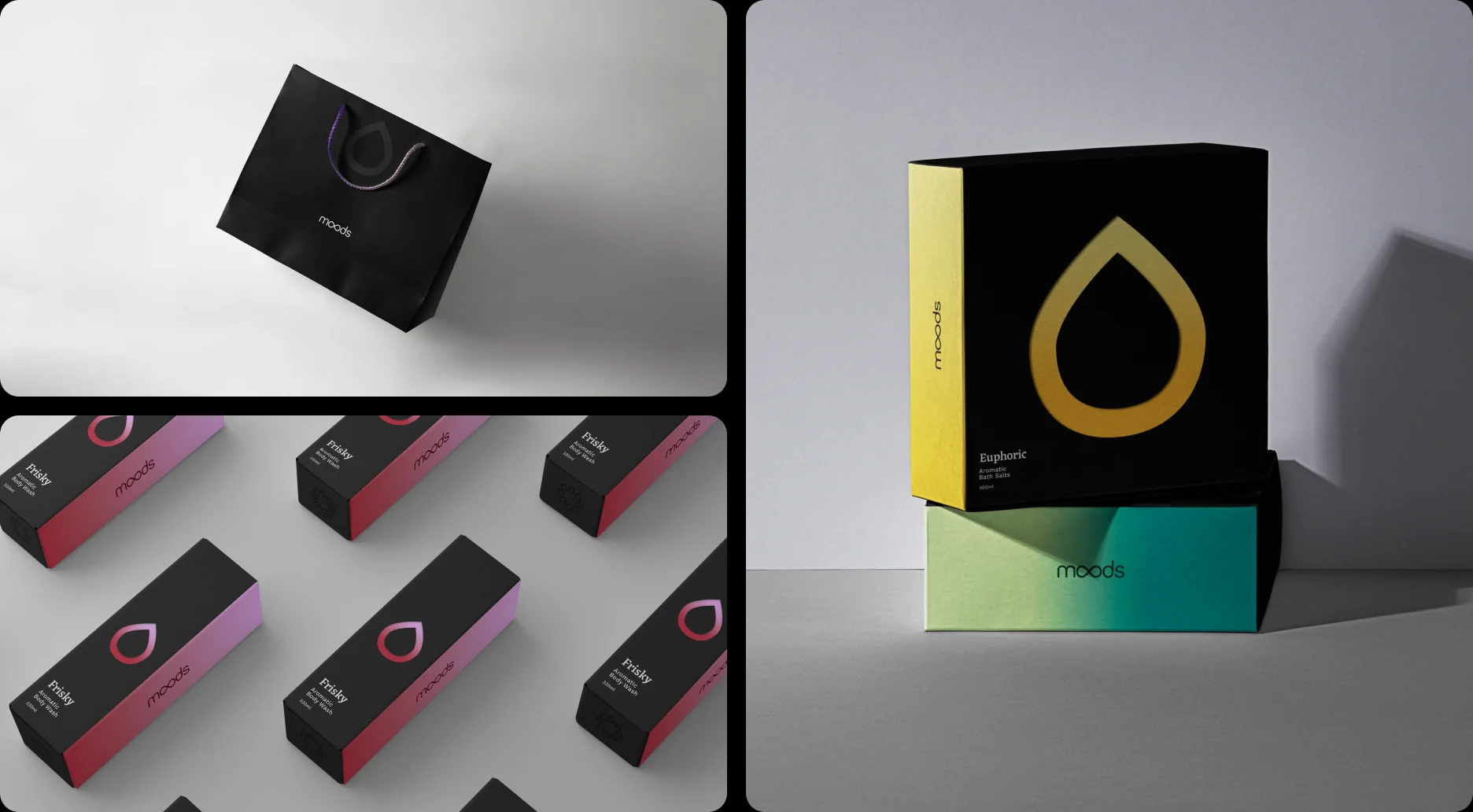 A Moods carrier bag and boxes with the drop icon in each scent's colour