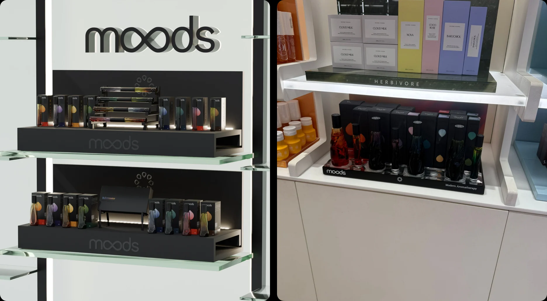 A Moods retail display with the wordmark, and the range on shelf in store