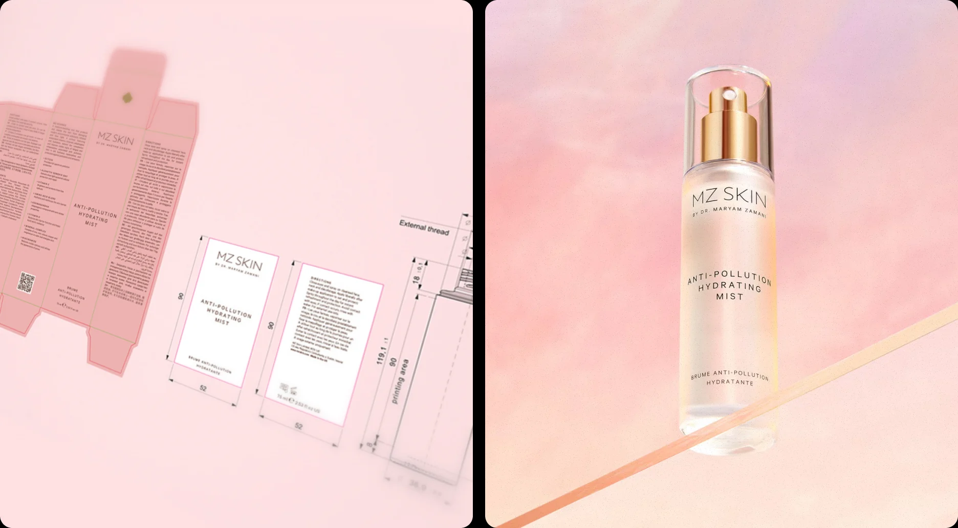 MZSkin packaging dieline and the Anti-Pollution Hydrating Mist bottle