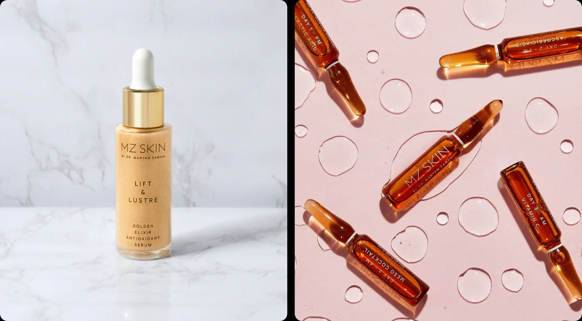 MZSkin Lift and Lustre serum on marble, and vitamin ampoules on pink with water drops