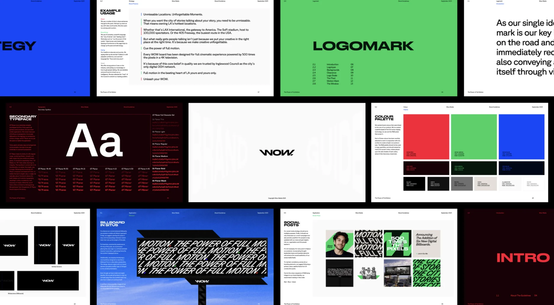 Pages from the Wow Media brand guidelines: strategy, logomark, typography, colour palette, billboard and social layouts