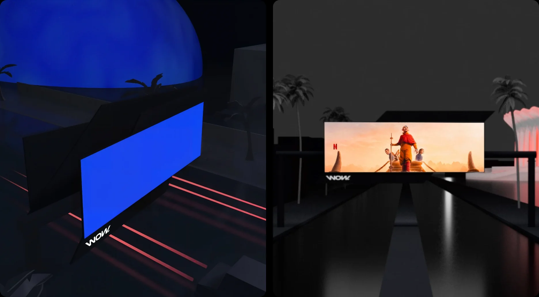 3D renders of Wow Media digital billboards at night