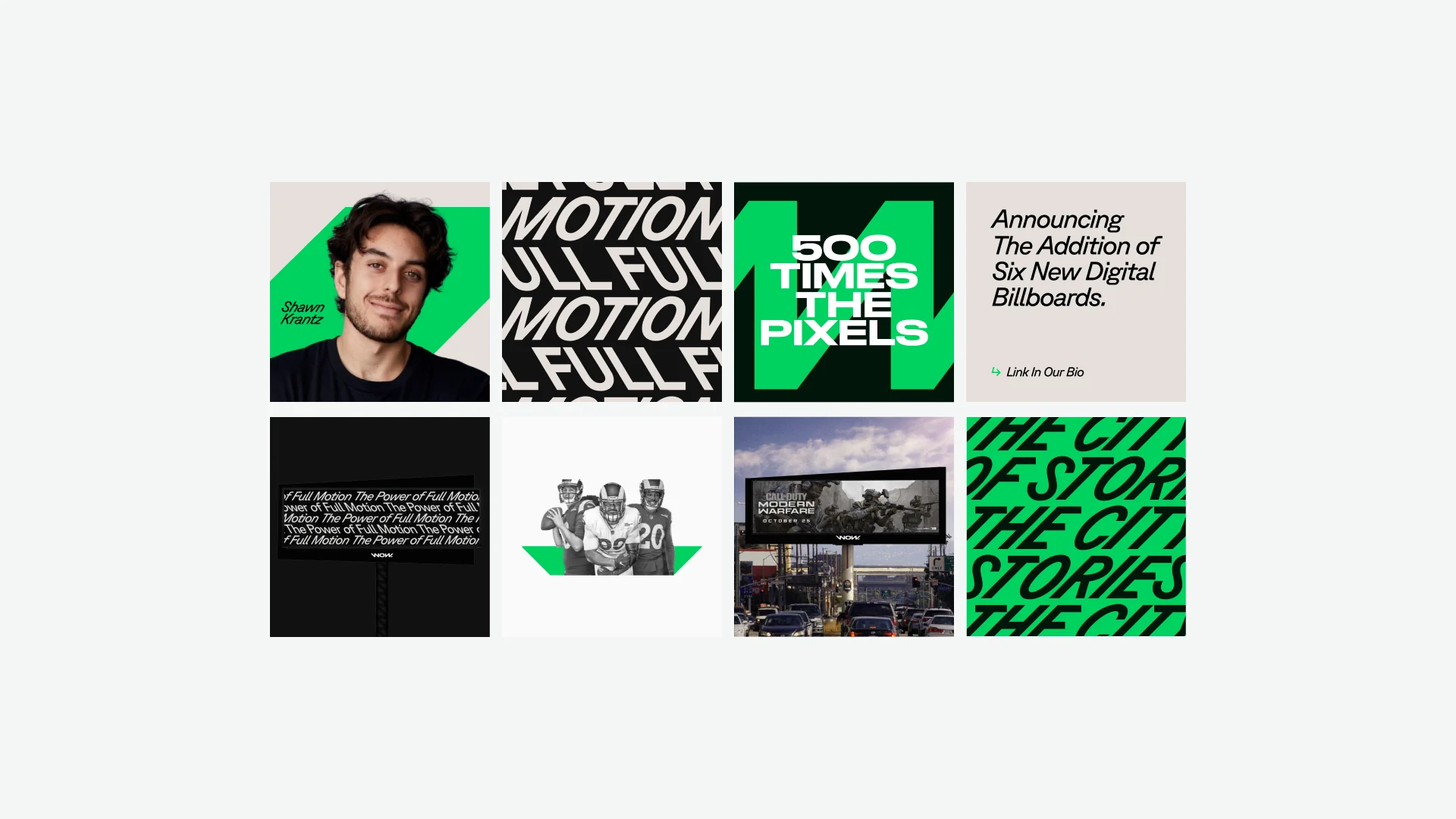 Grid of Wow Media social posts in green, black and white
